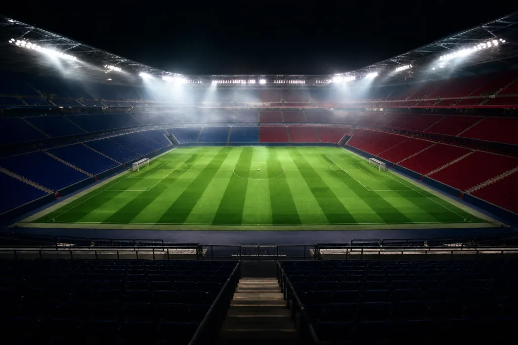 Estadio de fútbol iluminado de noche antes del Clásico de LaLiga